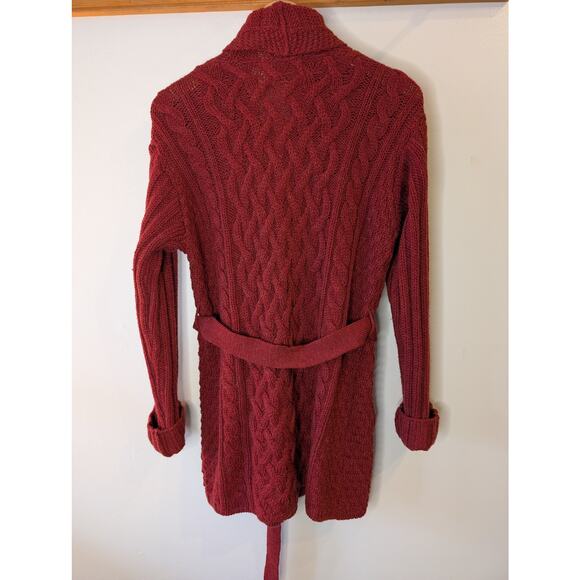 Aran Crafts Ireland Burgundy Cable Knit Belted Cardigan Made in Ireland XS - Picture 4 of 6